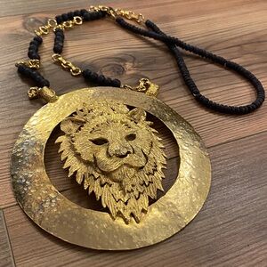 Vintage Gold HUGE Lion Face Medallion Beaded Necklace - Collectible HTF